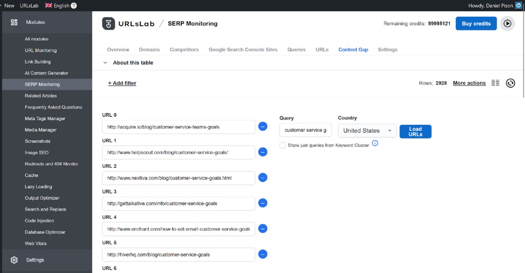 Example of content GAP results in URLsLab