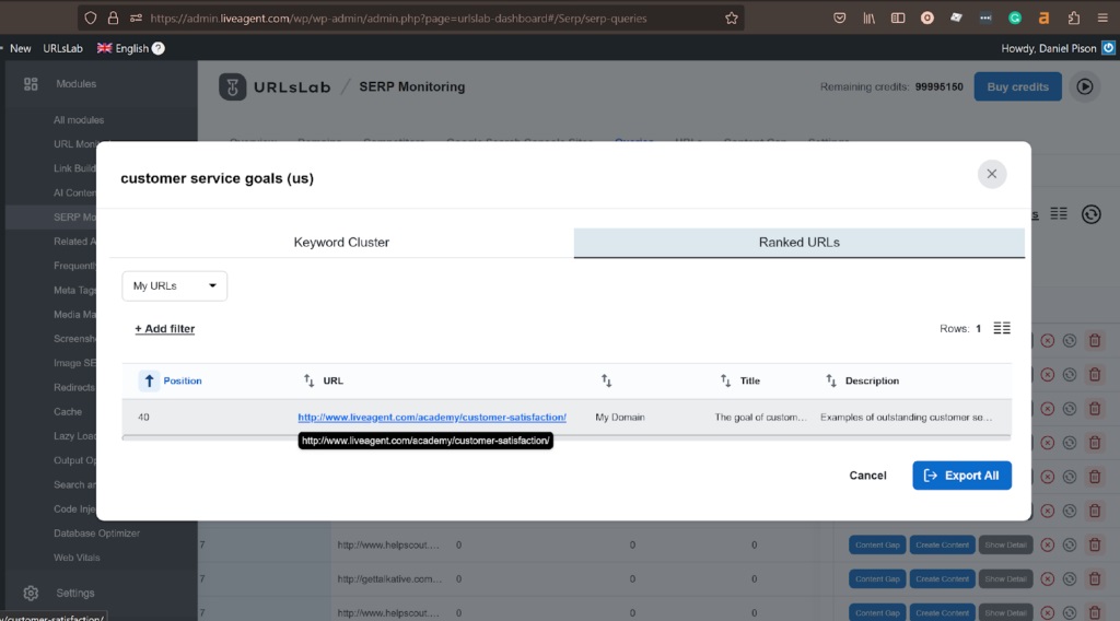 Ranked URLs filter in URLsLab