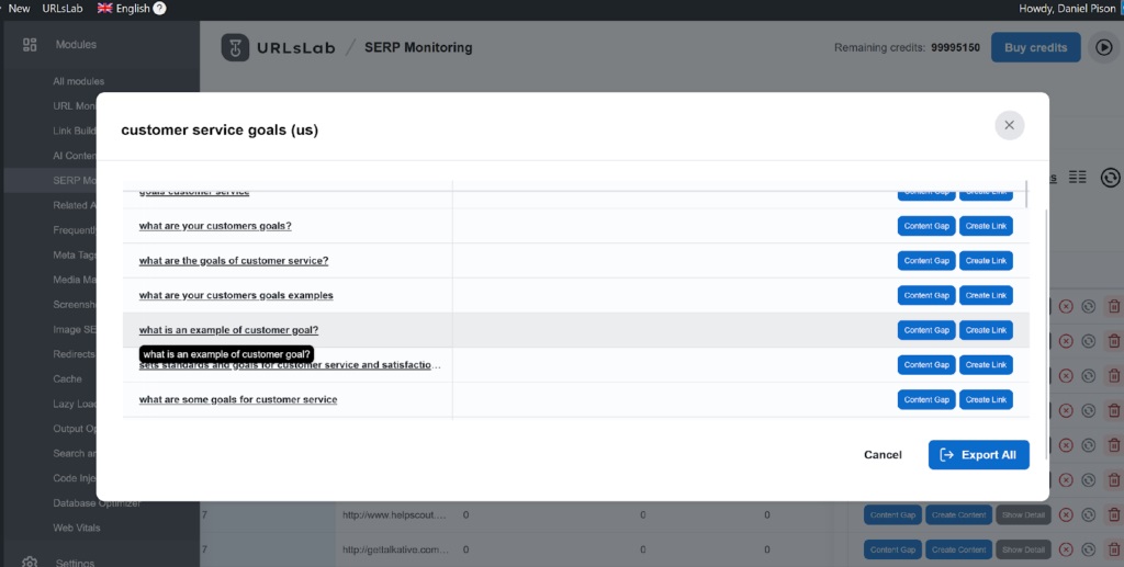 Example of related queries in URLsLab