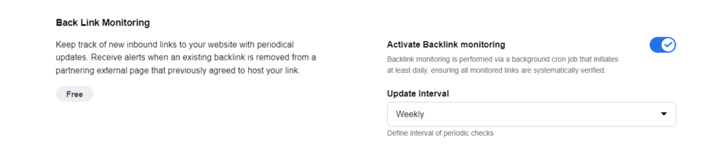 A screenshot of backlink monitoring settings