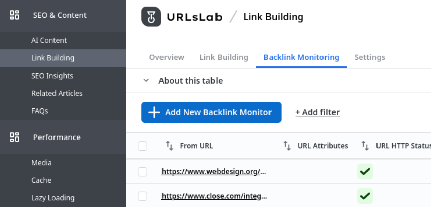 A screenshot of the Add New Backlink Monitor button