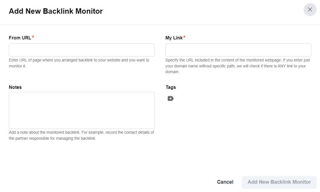 A screenshot of the 'Add New Backlink Monitor'