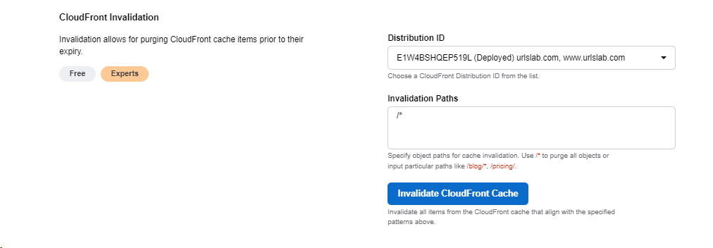 CloudFront invalidation in URLsLab