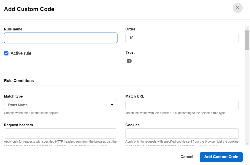 Add Custom Code pop up on URLsLab's Code Injection feature