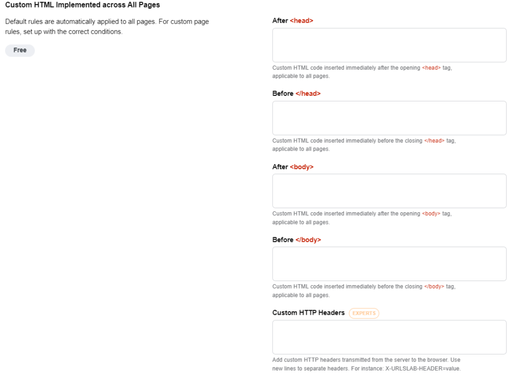 URLsLab custom code settings in the Code Injection feature