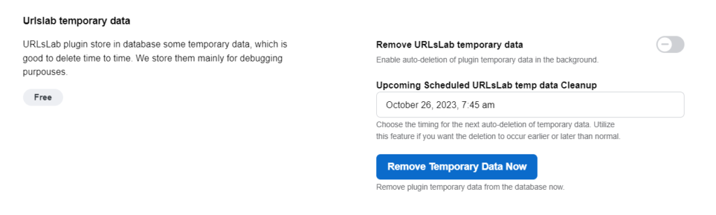 A screenshot of URLsLab temporary data
