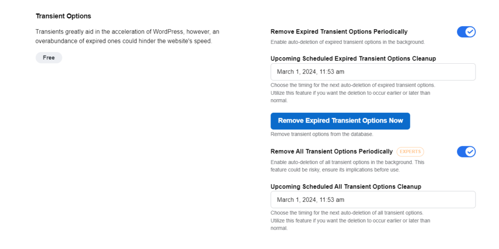 A screenshot of transients options