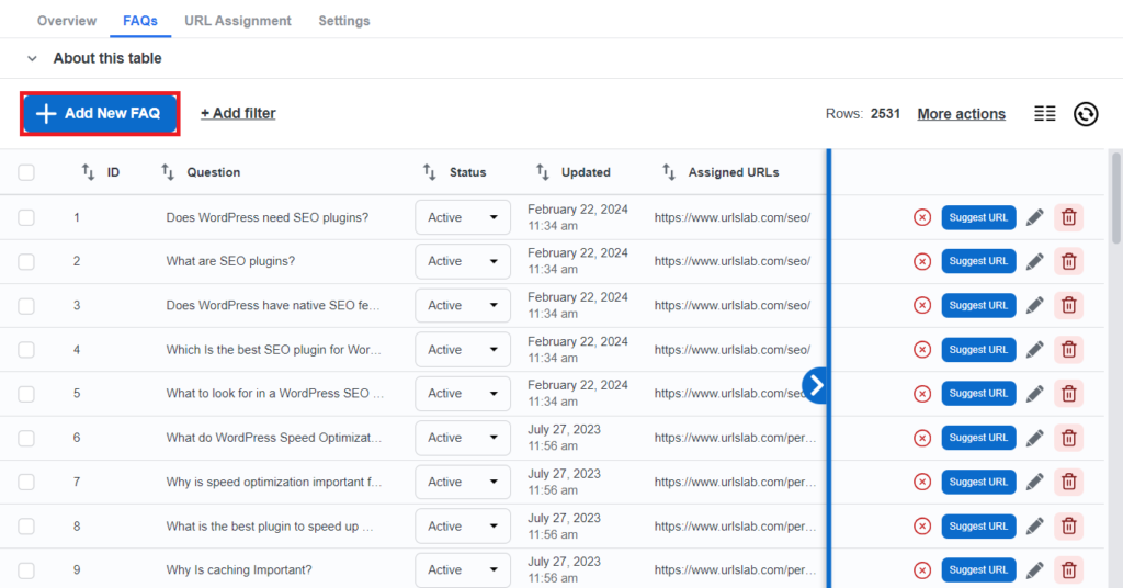 Screenshot of FAQs main dashboard
