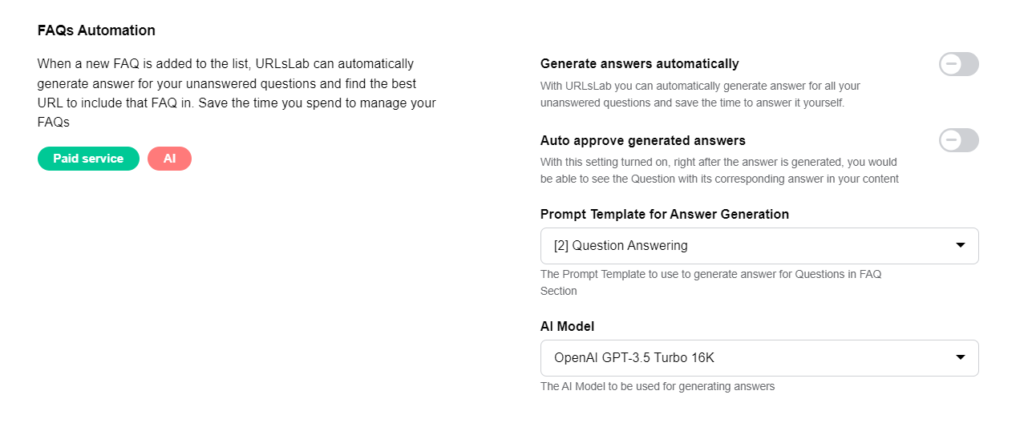 Screenshot of URLsLab FAQ Automation settings