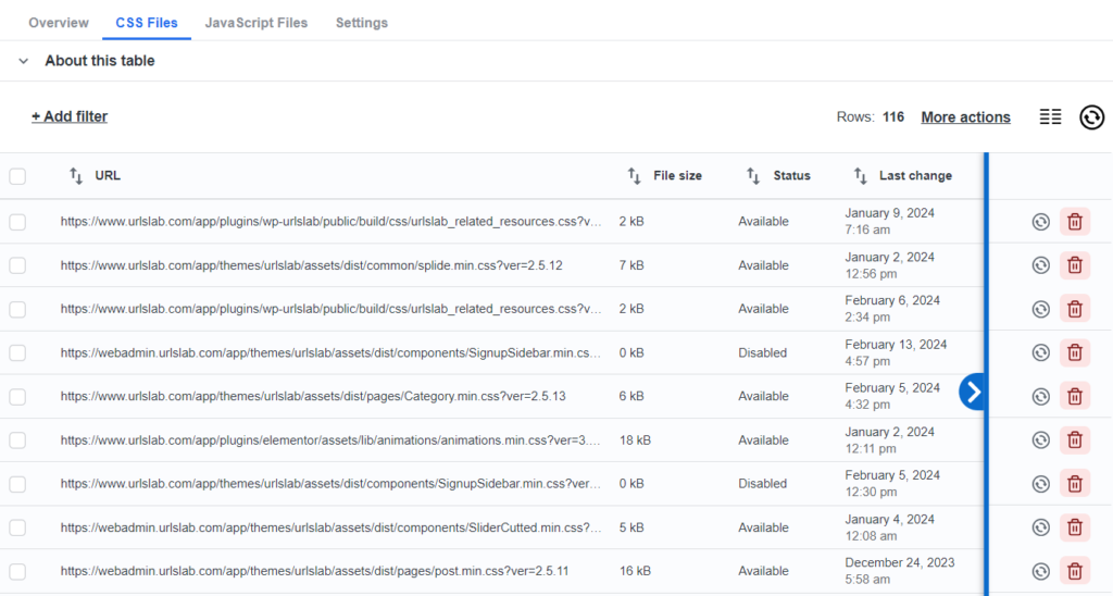 Screenshot of URLsLab CSS files section.