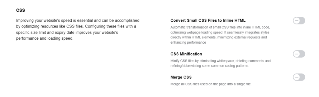 Screenshot of URLsLab HTML Optimization feature - CSS settings section.