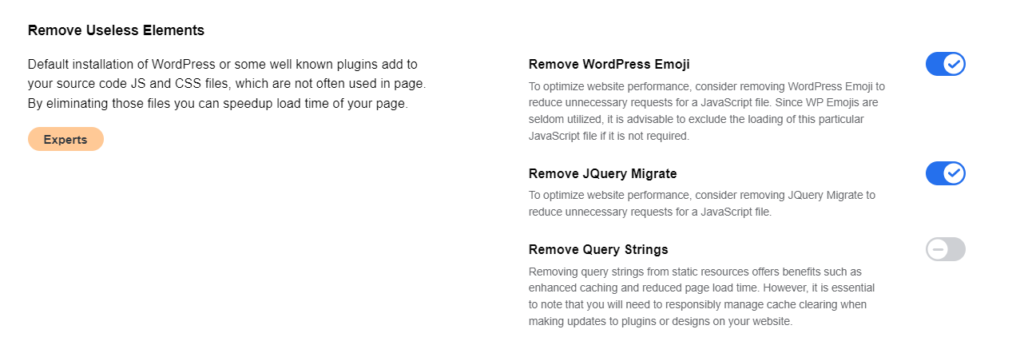 Screenshot of URLsLab HTML Optimization feature - HTML Remove useless elements section.