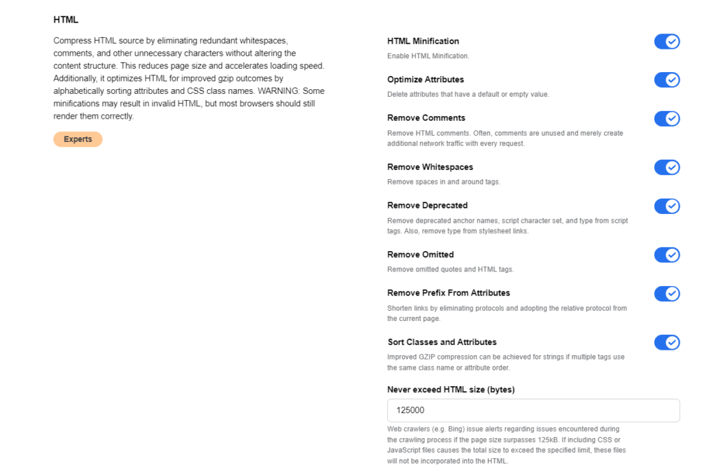 Screenshot of URLsLab HTML Optimization feature - HTML settings section.