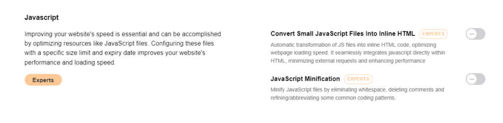 Screenshot of URLsLab HTML Optimization feature - Javascript settings section.