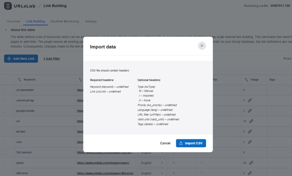 A screenshot of data import action