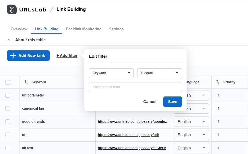 A screenshot of keywords filter