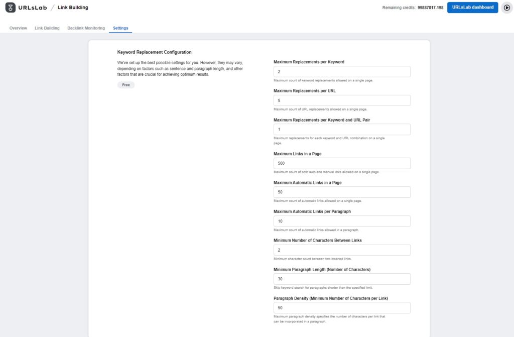 A screenshot of link-building settings