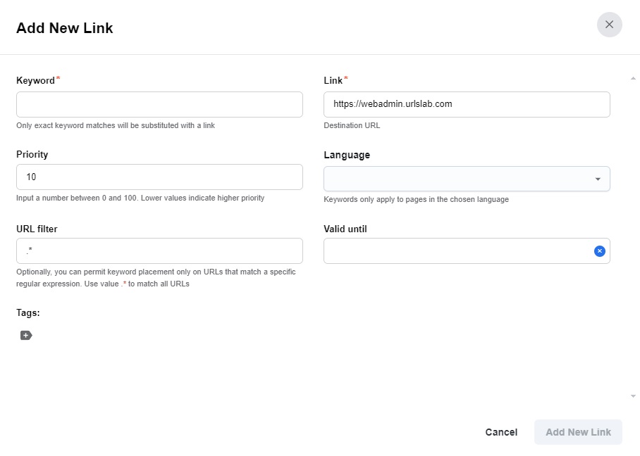 Screenshot of adding new link process