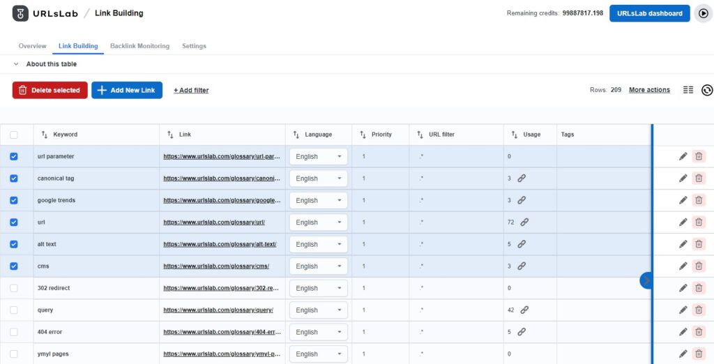 Screenshot of keywords removal in-bulk