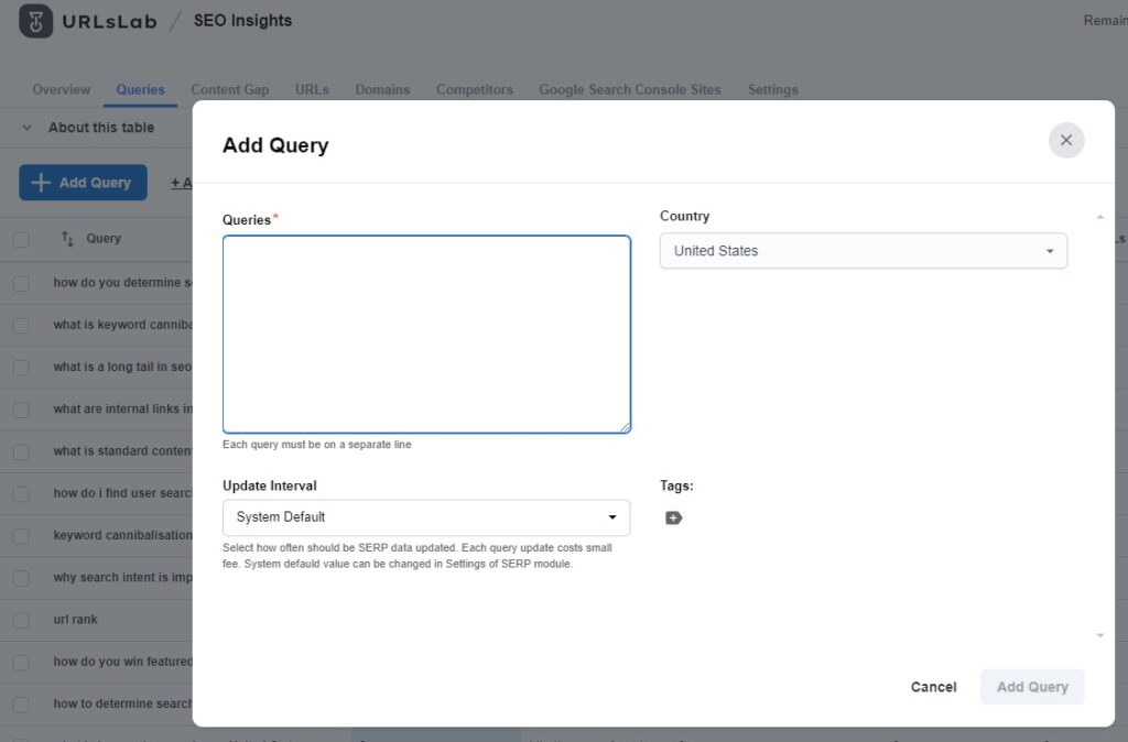 Screenshot showing adding a new query