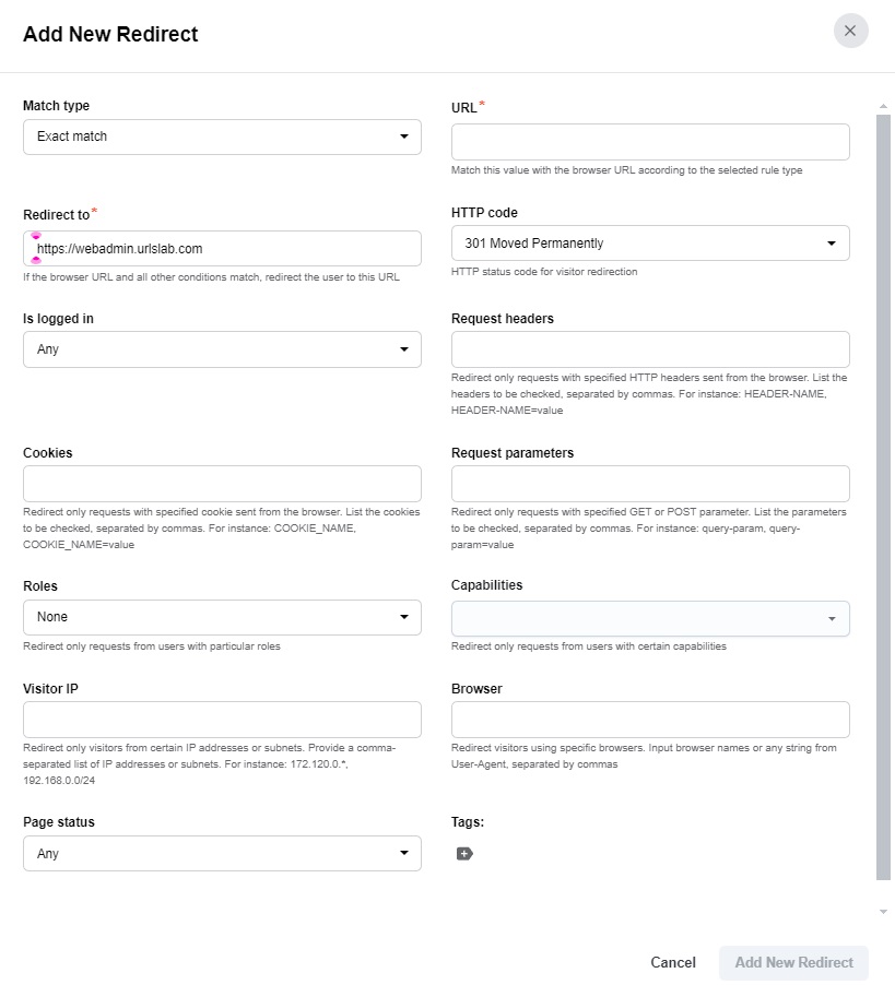 Setting up the parameters of a new redirect in URLsLab