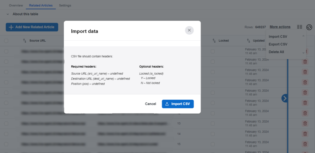 A screenshot of the data import action