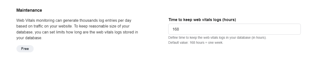 Screenshot of URLsLab Web vitals feature - Maintenance settings